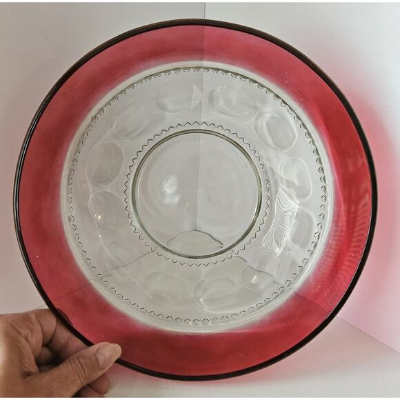 Tiffin Kings Crown Thumbprint Ruby Flashed Salad Serving Bowl 9 1/2" - Picture 4 of 8